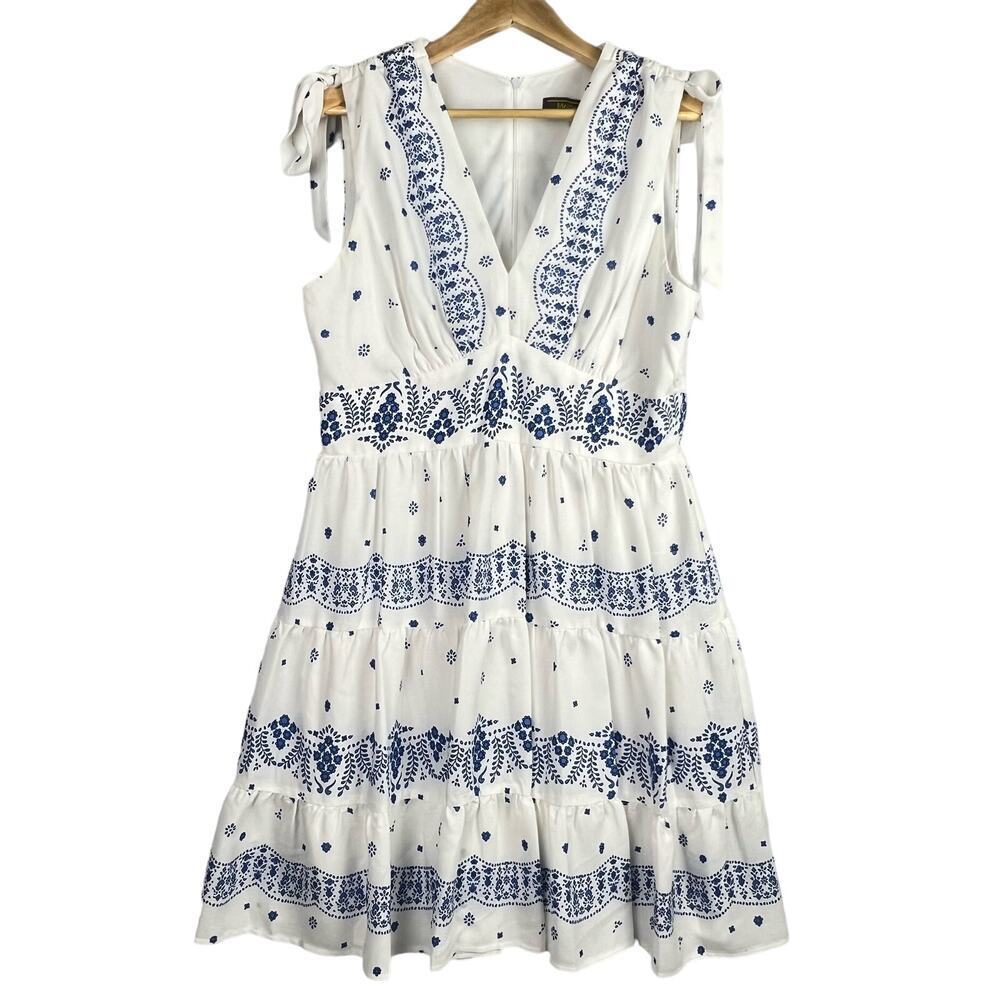 EUC Melonie T White/Blue Babydoll Tiered Bow Tie Shoulders Flowy Boho Dress 14